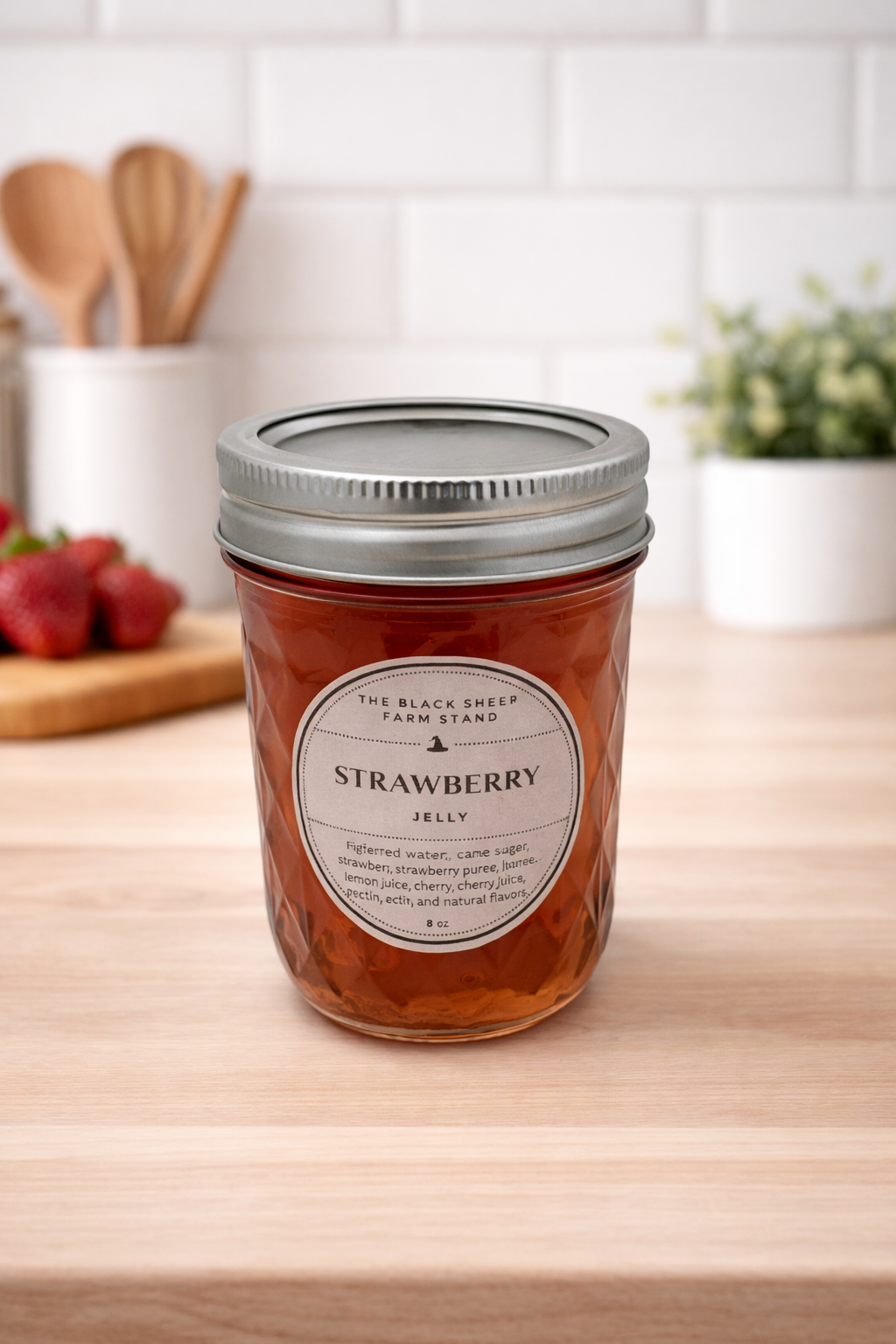 Jar of strawberry jelly on a wooden table with a kitchen background