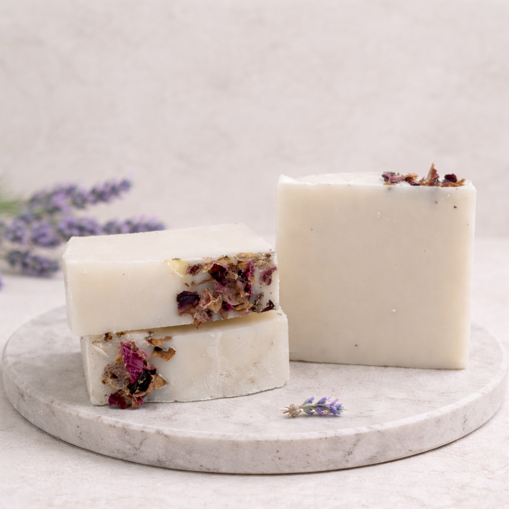 Three bars of soap with floral elements on a marble tray with lavender flowers in the background.