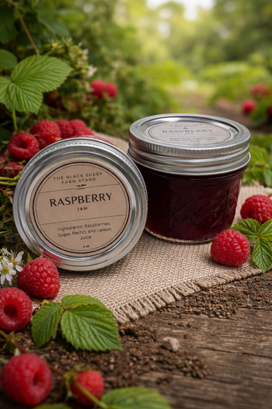 Two jars of raspberry jam with fresh raspberries on a wooden surface outdoors.