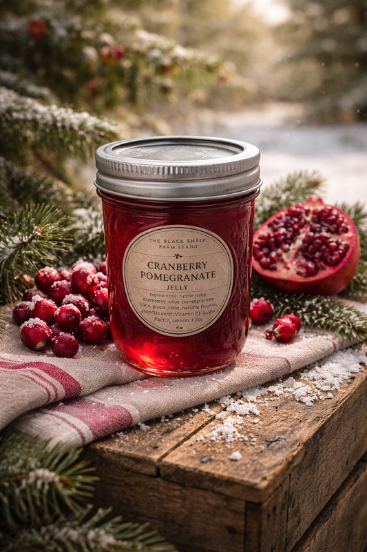 Jar of cranberry pomegranate jelly on a wooden surface with festive decorations and outdoor scenic background.