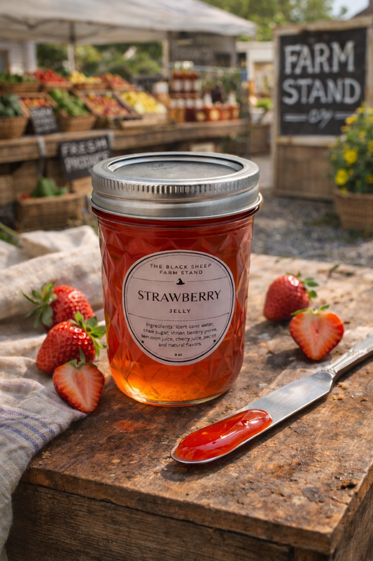 Jar of strawberry jelly with a knife and strawberries on a wooden surface at a farm stand.