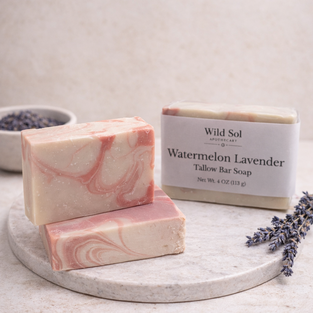Two bars of Wild Sol Watermelon Lavender soap on a marble surface with lavender flowers.