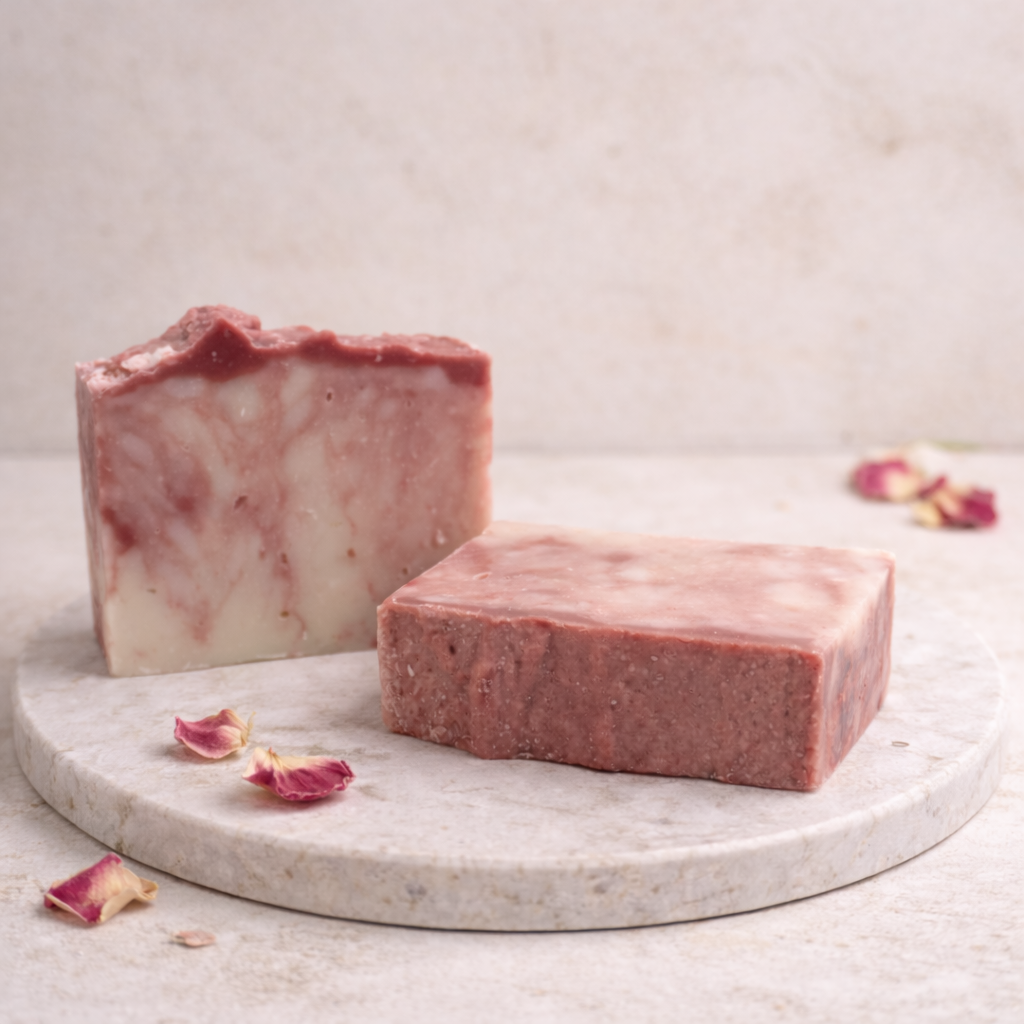 Two pink marbled soap bars on a marble platter with dried flowers.