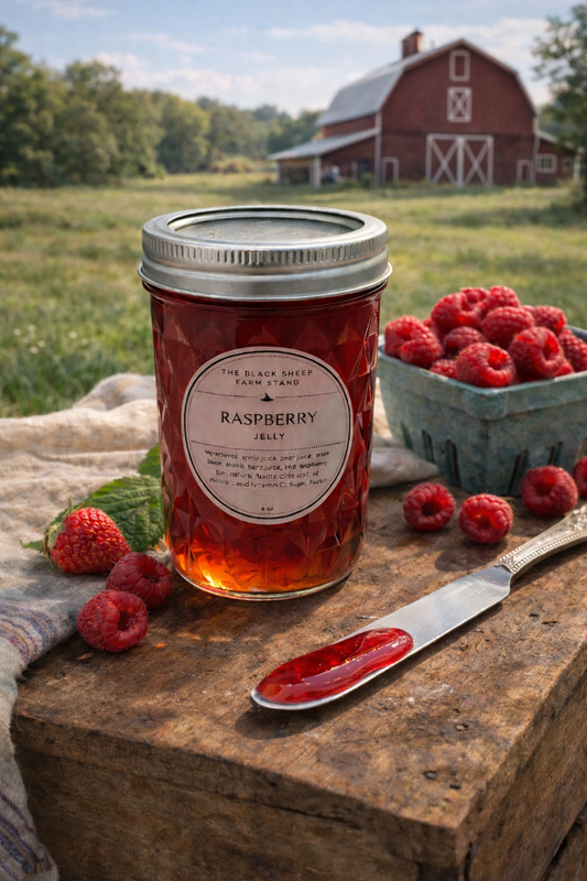 Jar of raspberry jelly with a spoonful on a wooden surface, surrounded by raspberries, with a red barn in the background.