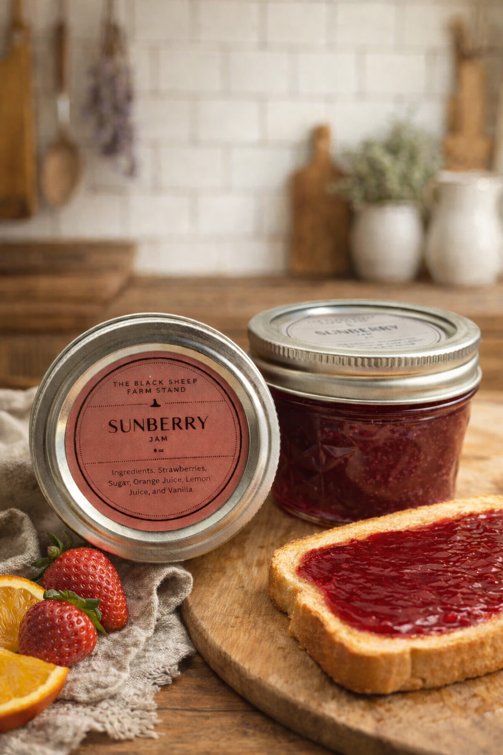 Sunberry jam jar with a slice of bread spread with jam on a kitchen counter.