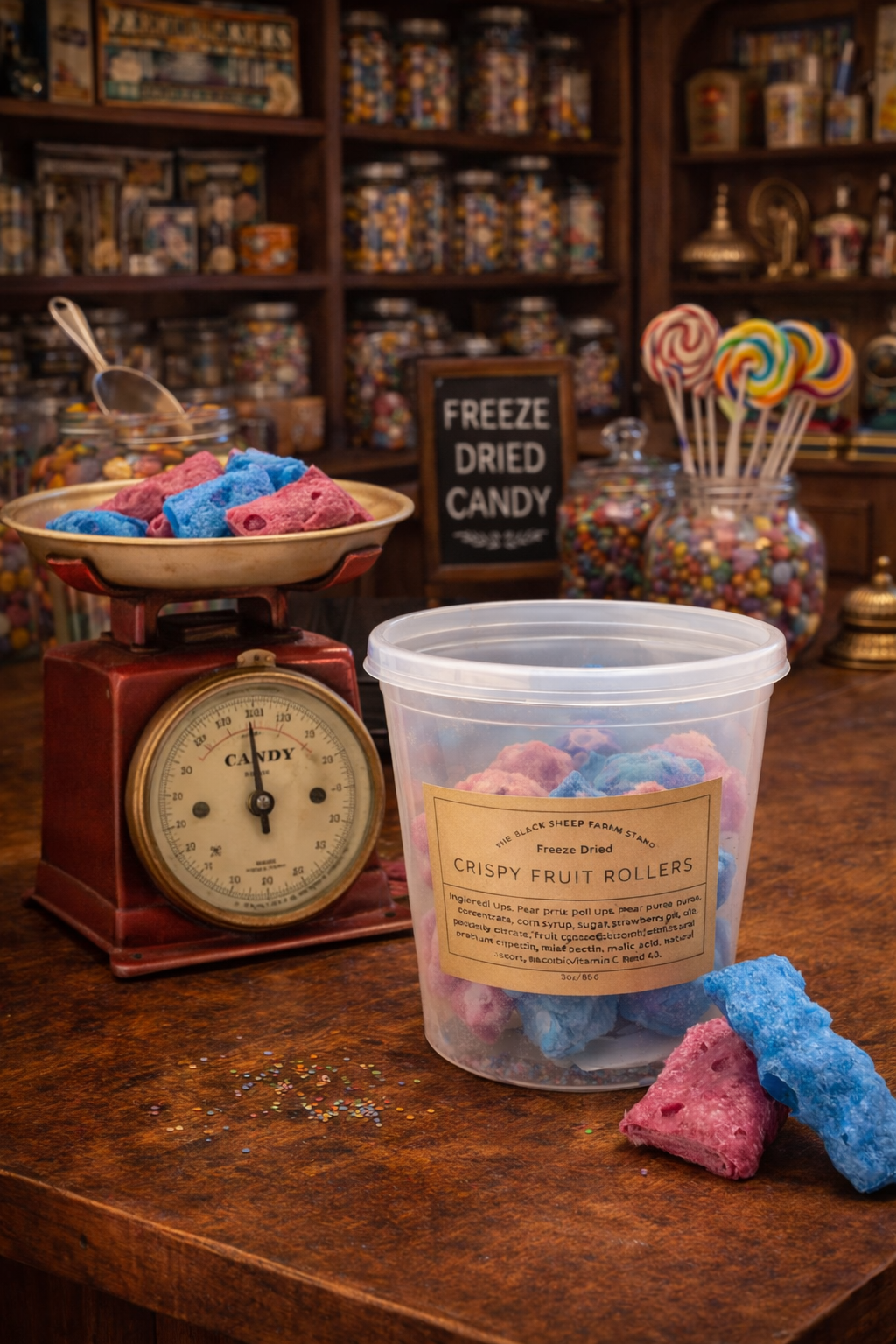 Crispy fruit rollers in a container on a wooden counter with a vintage scale and candy display in the background of a vintage style candy shop.