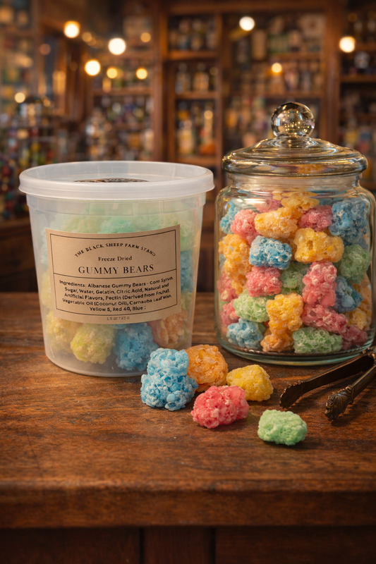 Container and jar of colorful freeze-dried gummy bears on a wooden countertop with blurred vintage candy shop background.