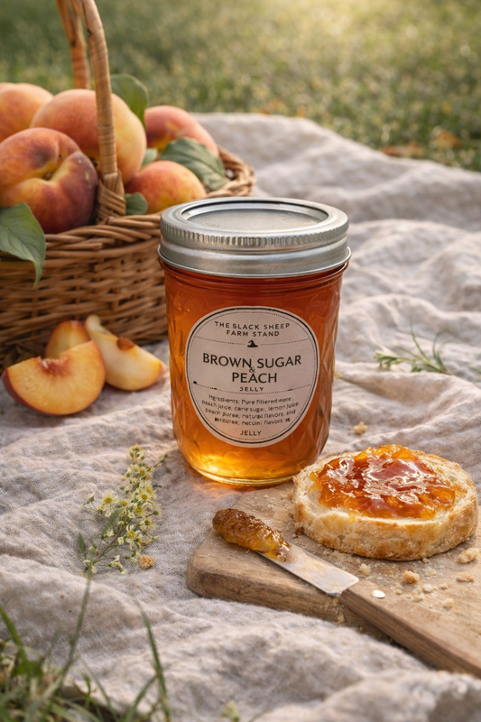 Jar of Brown Sugar Peach jelly with a spreadable portion on a wooden board, surrounded by peaches and a basket in an outdoor setting.