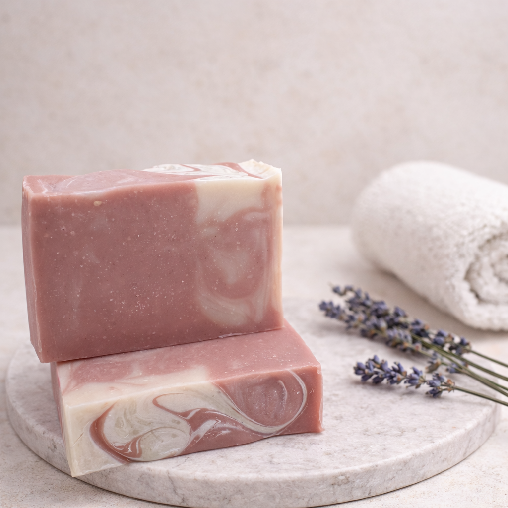 Two pink and white marbled soap bars on a marble surface with lavender flowers and a white towel.