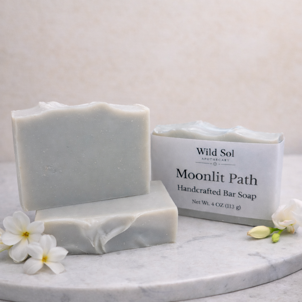 Two bars of Wild Sol Moonlit Path handcrafted bar soap on a marble surface with flowers.