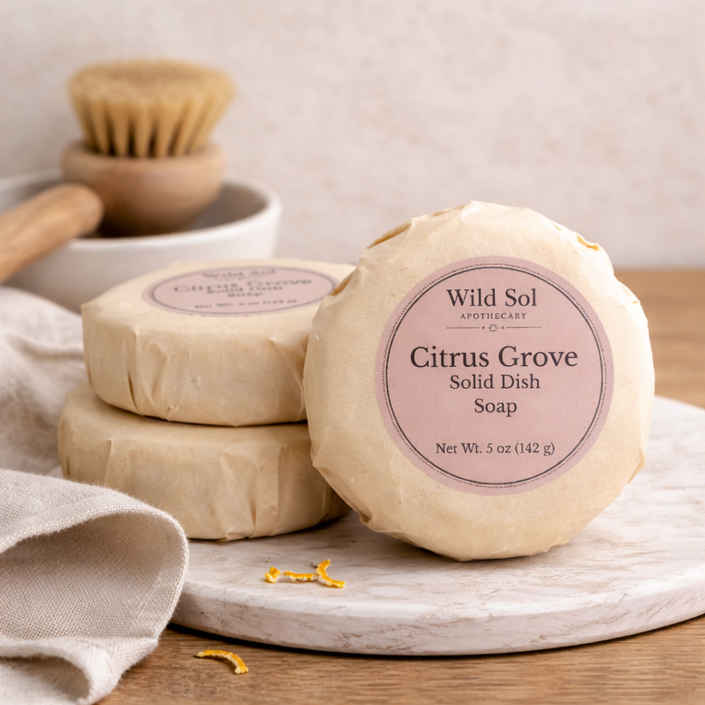 Three bars of Citrus Grove Solid Dish Soap from Wild Sol Apothecary on a wooden surface with a neutral background . There is a dish brush in the background.