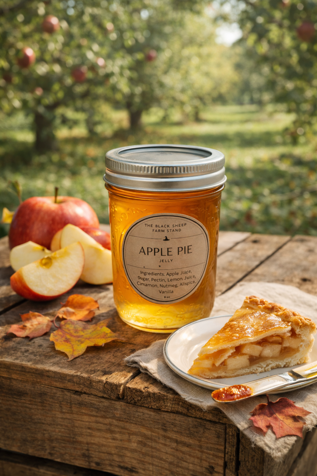 Jar of apple pie-flavored jelly with a slice of apple pie on a wooden table outdoors in an apple orchard.