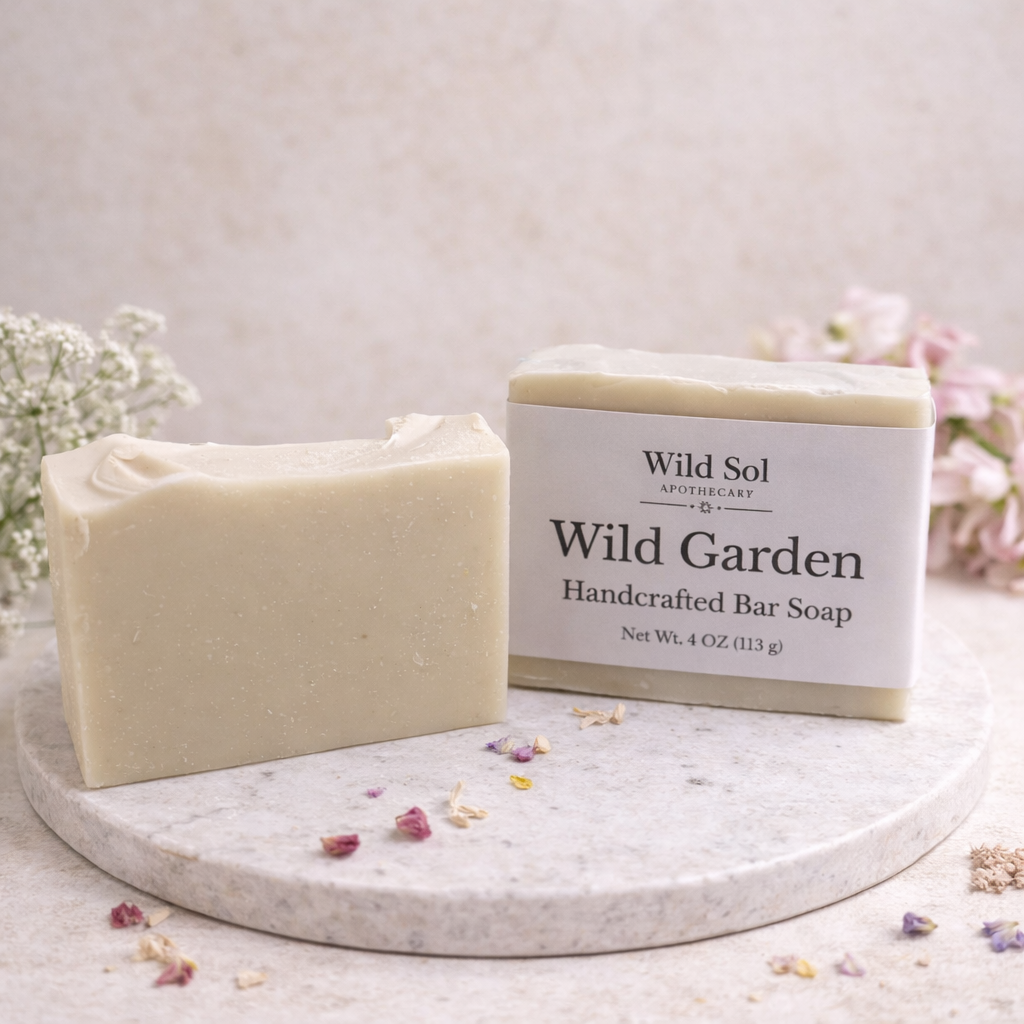Handcrafted bar soap with packaging labeled 'Wild Garden' from Wild Sol Apothecary on a marble surface with flowers in the background