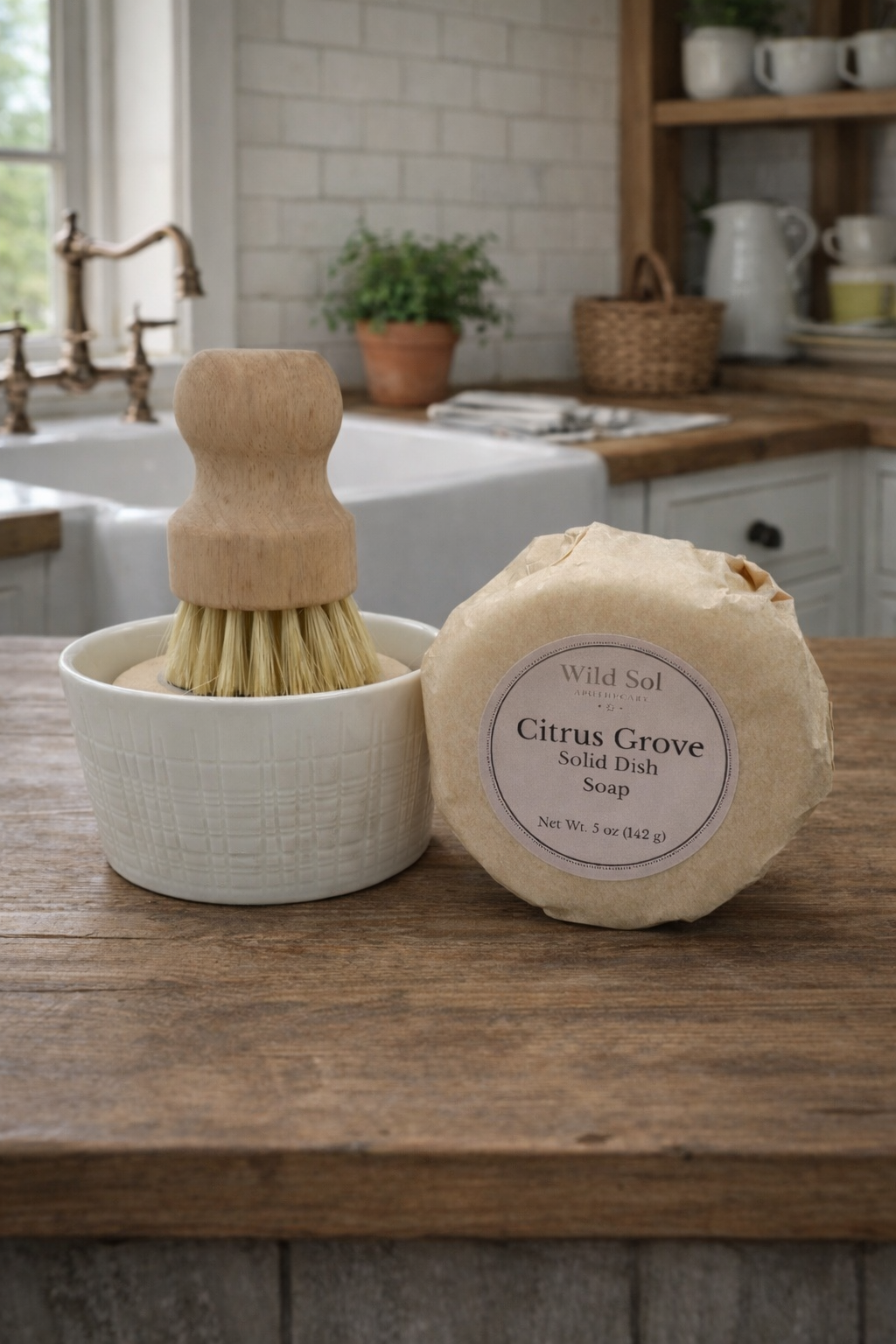 Solid dish soap bar with brush and container on a wooden surface in a kitchen setting