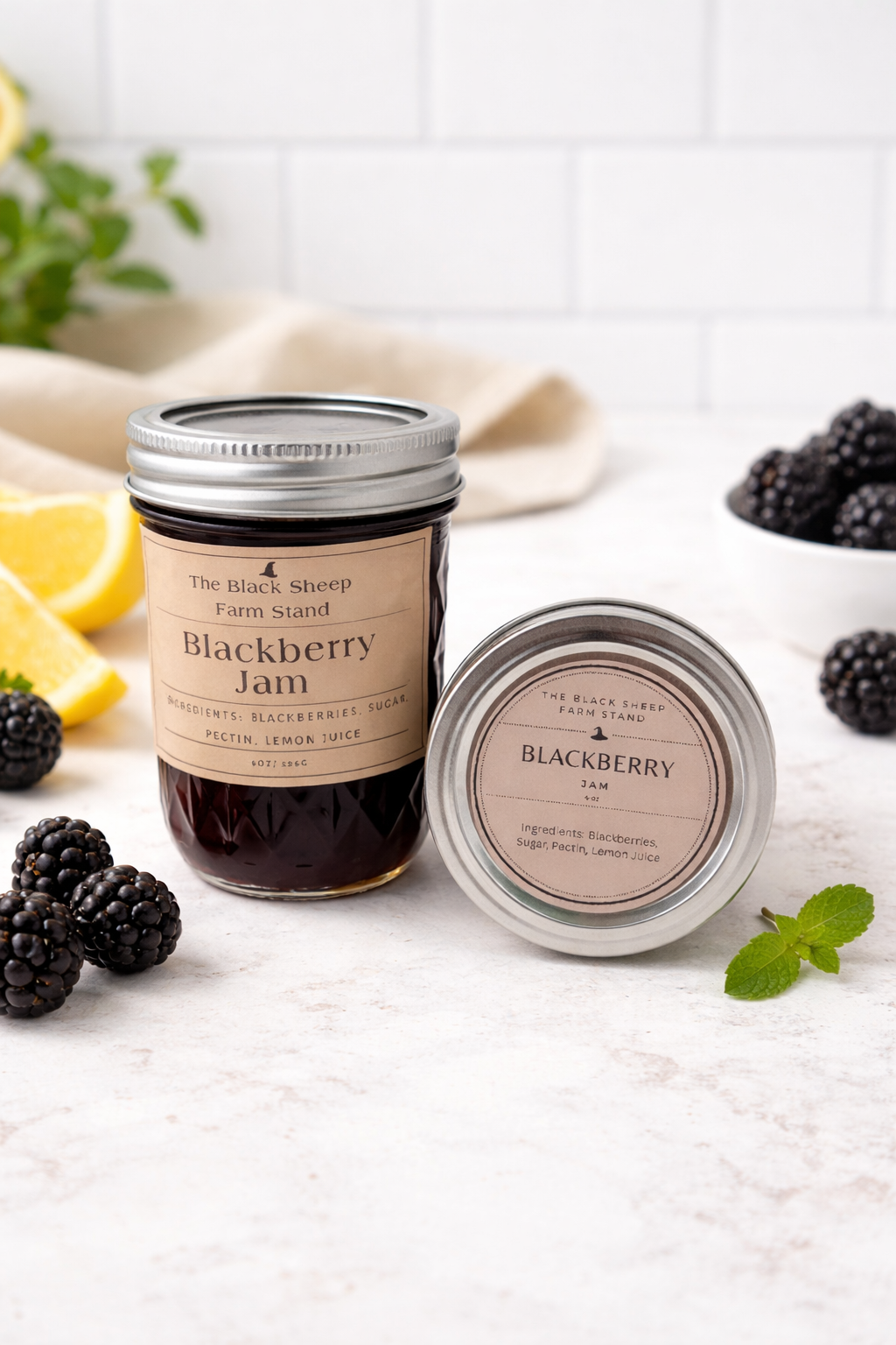 Two jars of Blackberry Jam from The Black Sheep Farm Stand on a white surface with blackberries and lemon slices.