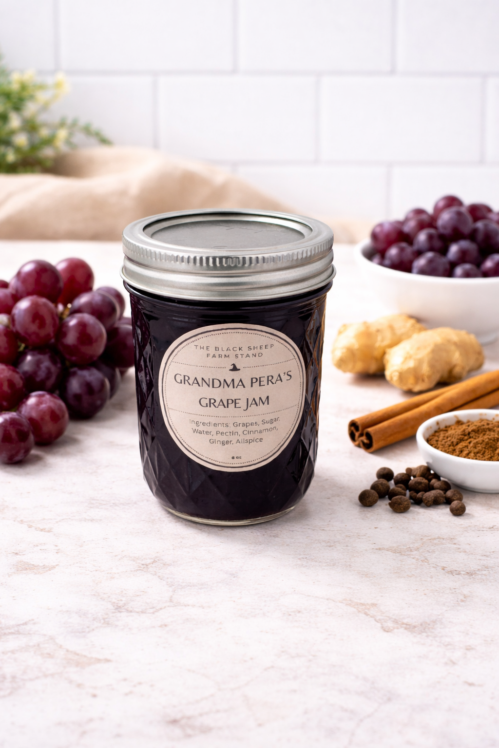 Jar of Grandma Pera's Grape Jam with grapes, ginger, and cinnamon on a table.