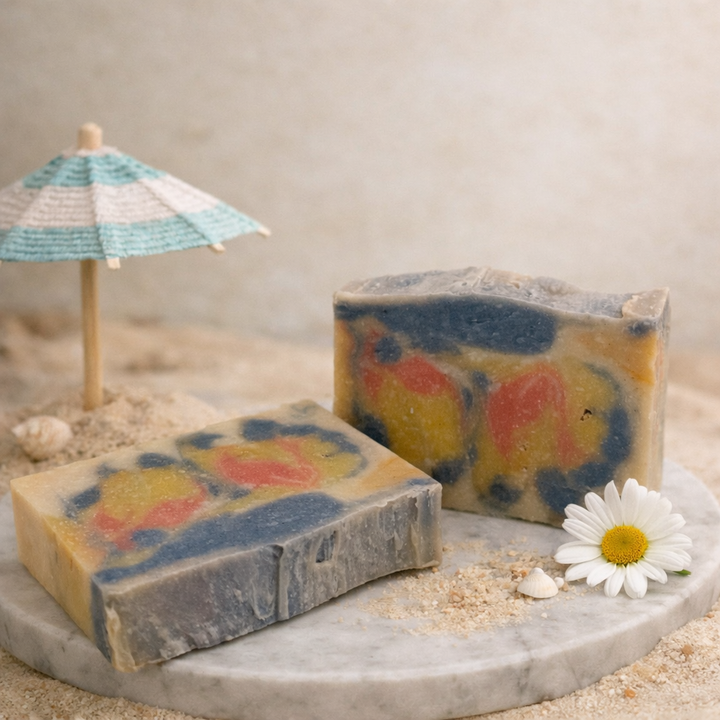 Two colorful soap bars on a marble tray with a daisy and miniature umbrella, on a sandy background.