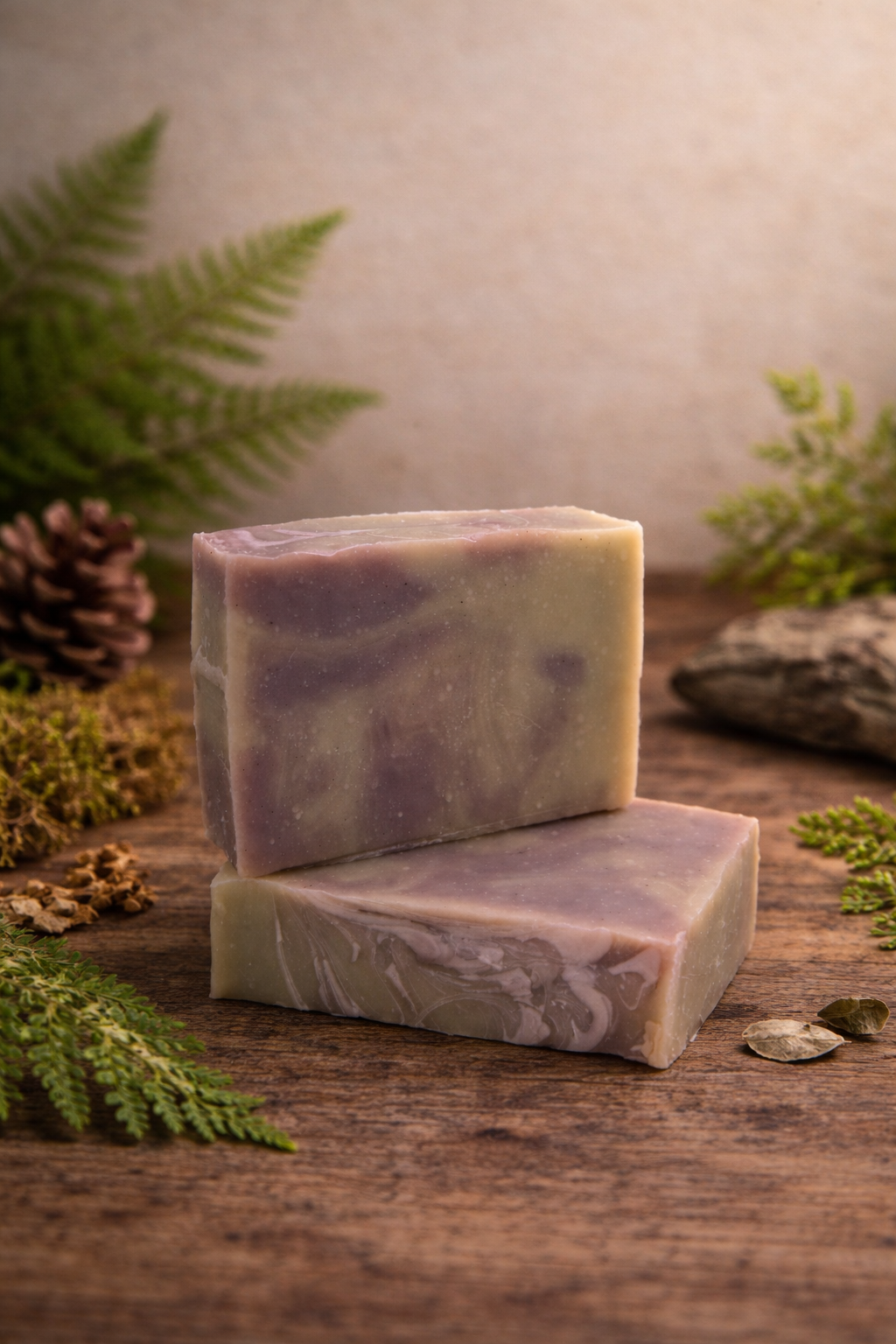 Two soap bars with a natural, earthy design on a wooden surface with greenery.