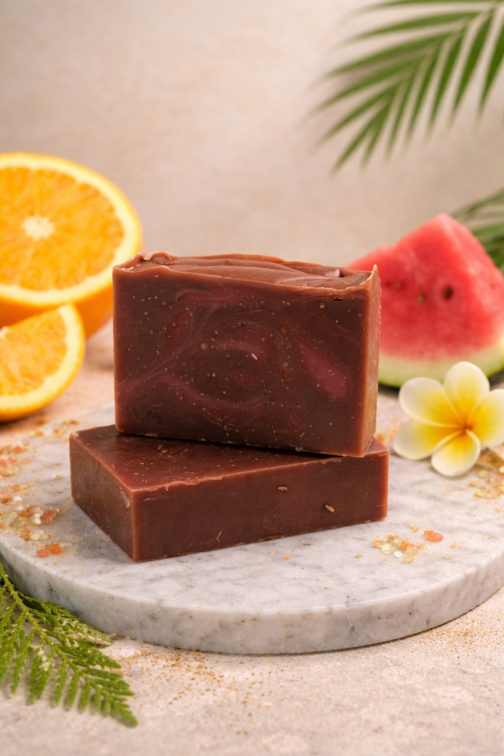 Two pieces of dark chocolate soap on a marble tray with oranges, watermelon, and a flower in the background.