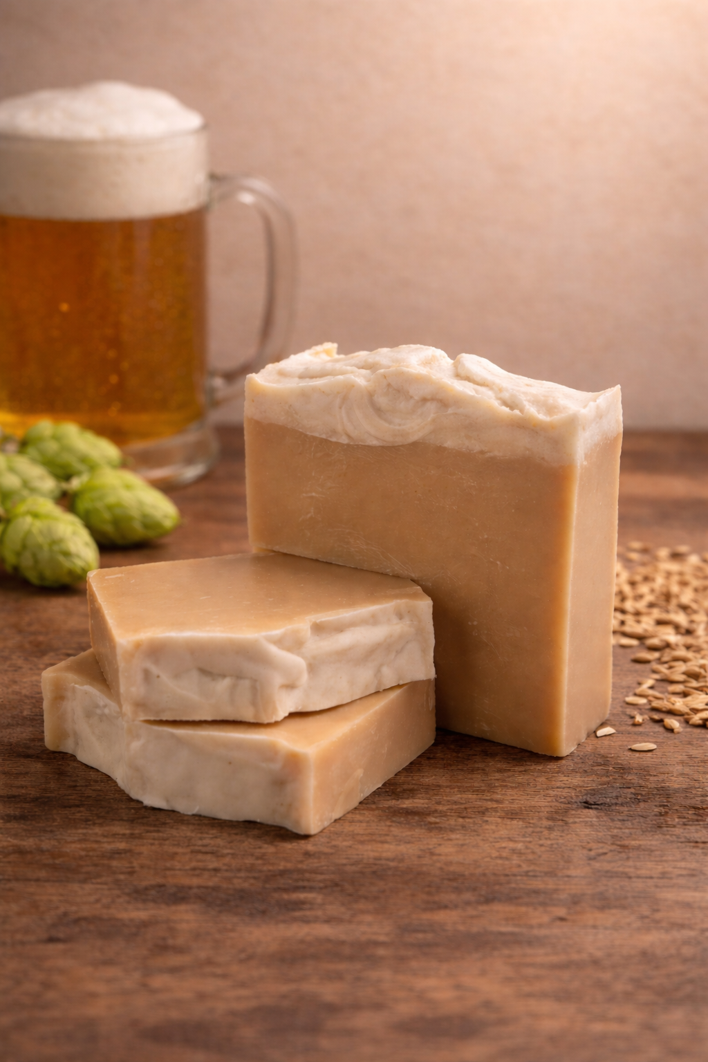 Three bars of soap on a wooden surface with a mug of beer and hops in the background.