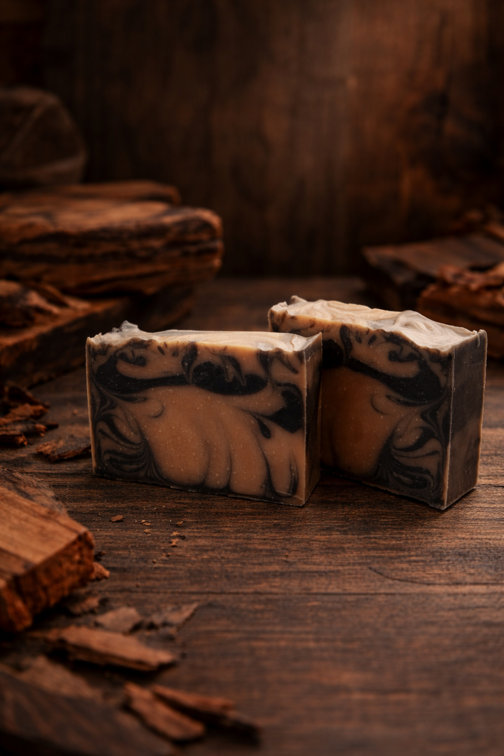 Two bars of marbled soap on a wooden surface with pieces of wood in the background.