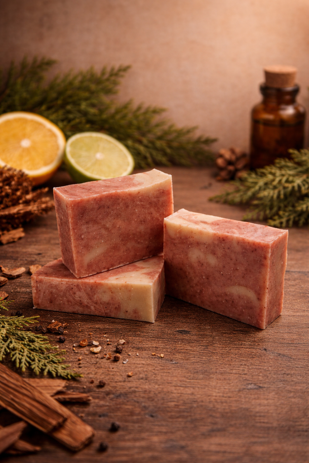 Three bars of soap on a wooden surface with citrus fruits, pine cones, and cinnamon sticks.