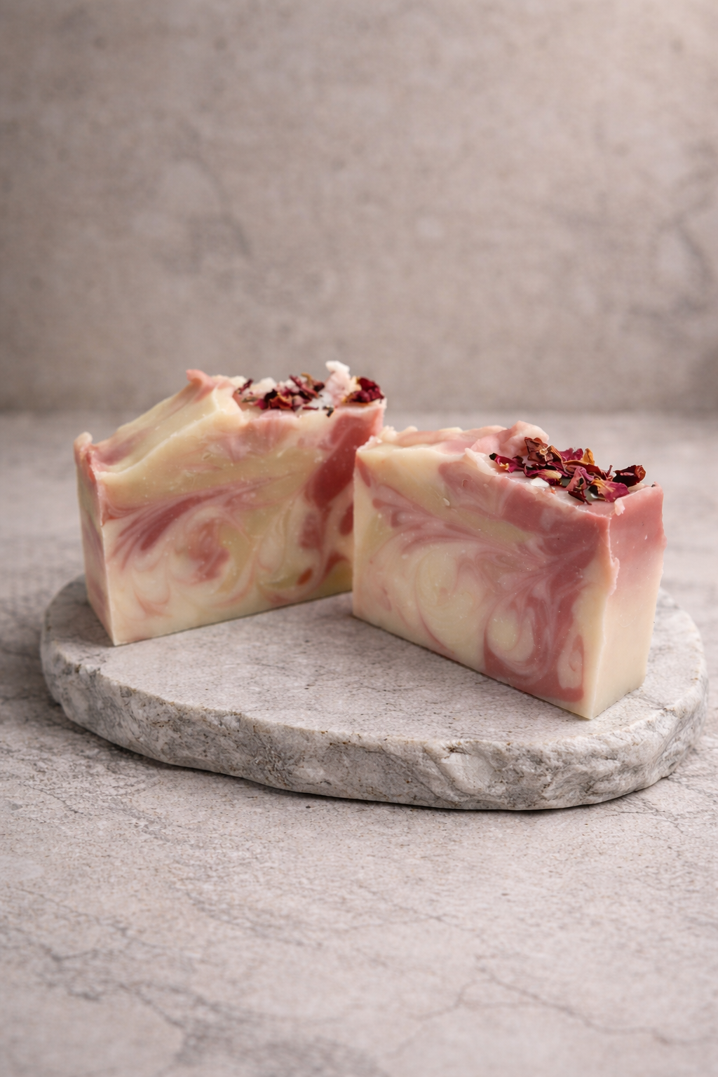 Two pink and white marbled soap bars with dried flowers on top on a gray stone surface.