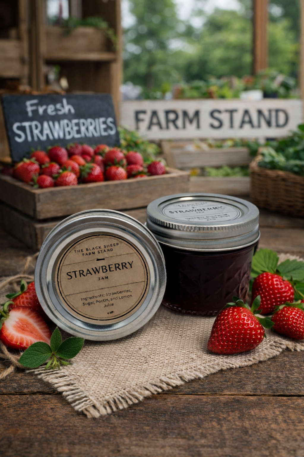 Two jars of strawberry jam on a wooden surface with fresh strawberries and a 'Farm Stand' sign in the background.
