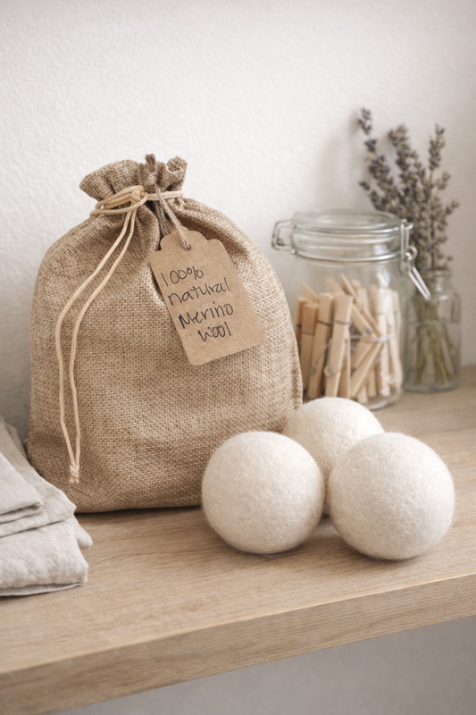 100% natural Merino wool dryer balls displayed on a wooden laundry shelf with linen towel and glass jar